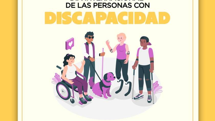 Ilustración de personas con diversas discapacidades en conjunto, junto con el título "Día internacional de las personas con discapacidad"