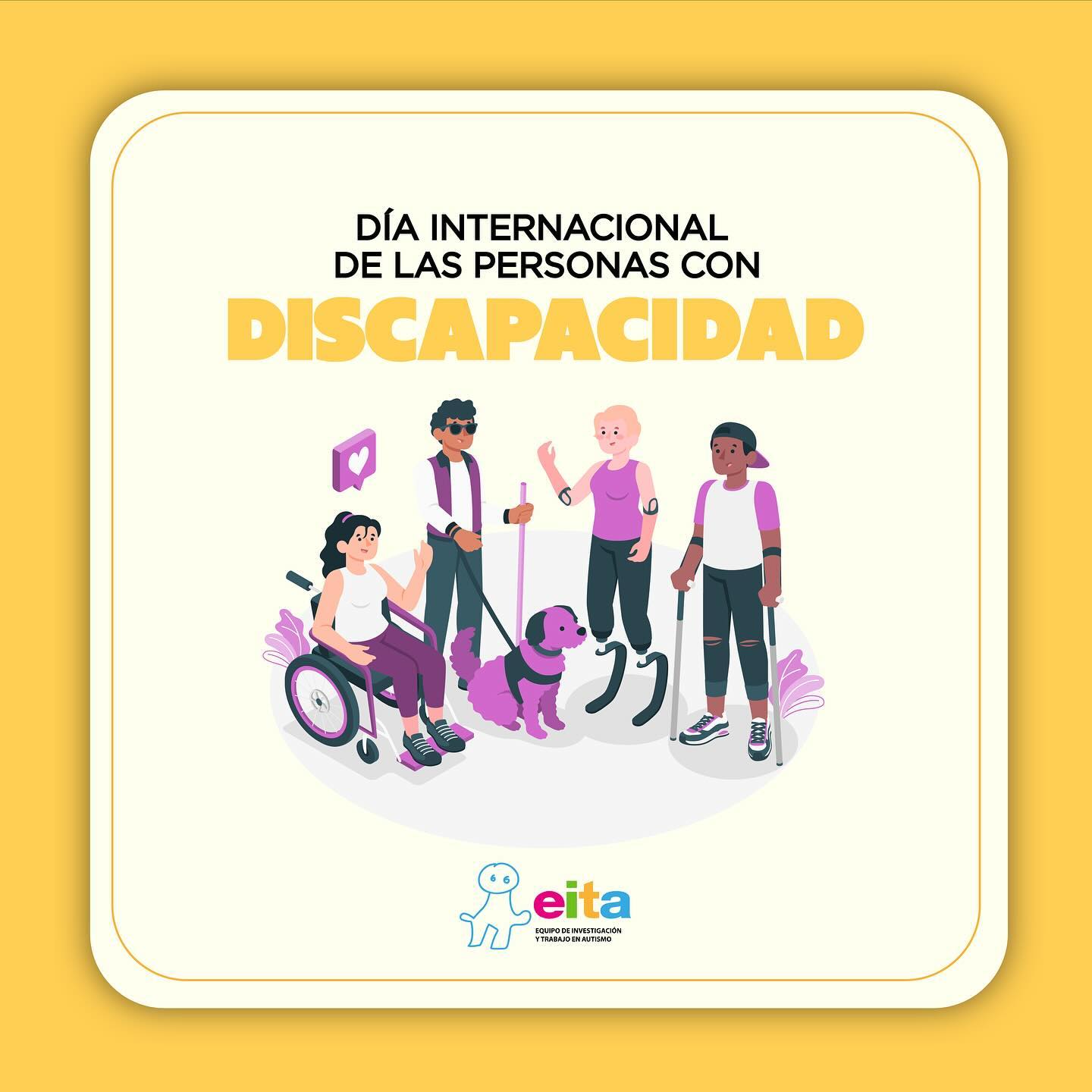 Ilustración de personas con diversas discapacidades en conjunto, junto con el título "Día internacional de las personas con discapacidad"