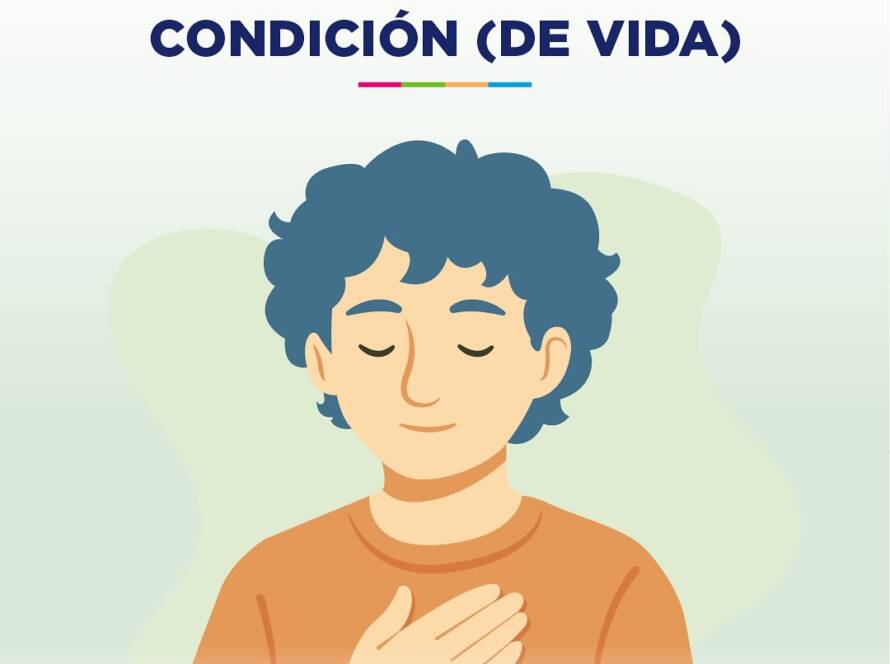 Un joven se toca el pecho con expresión de alivio. Es una ilustración con colores azul y naranja.