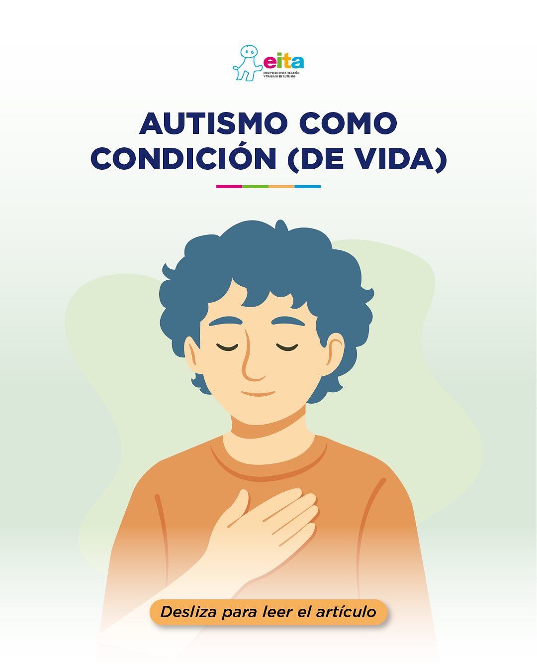 Un joven se toca el pecho con expresión de alivio. Es una ilustración con colores azul y naranja.