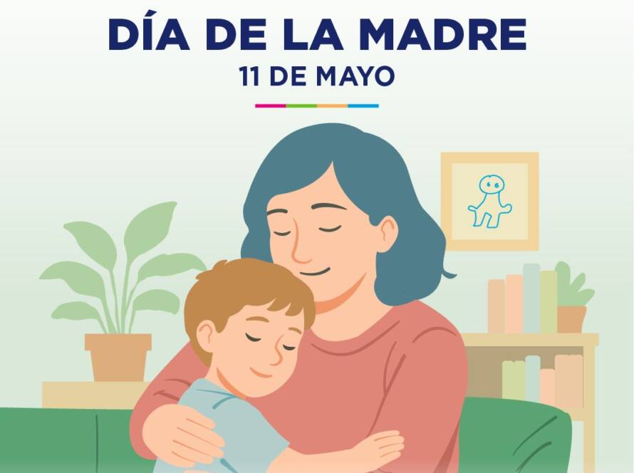 Ilustración de una madre abrazando a su hijo varón.