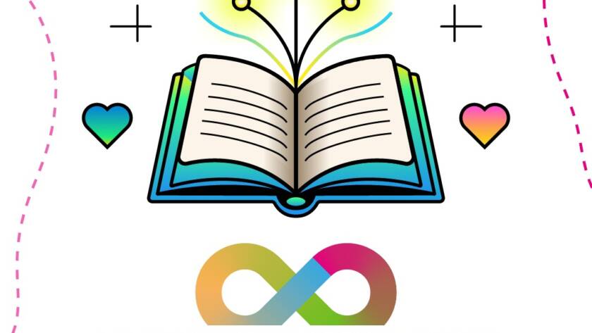 Portada con un libro abierto y múltiples colores. Tiene el título "Libros sobre autismo"