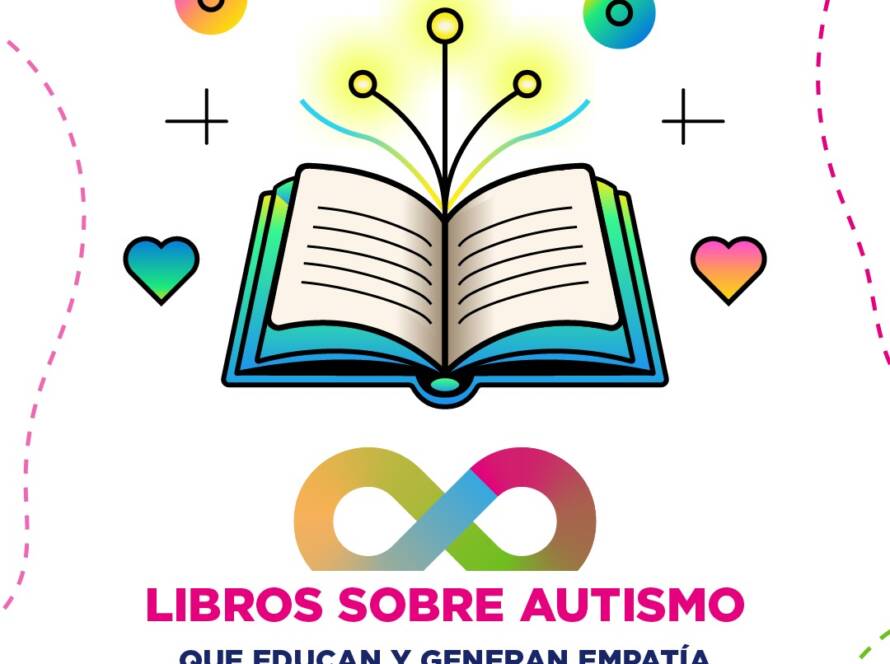 Portada con un libro abierto y múltiples colores. Tiene el título "Libros sobre autismo"