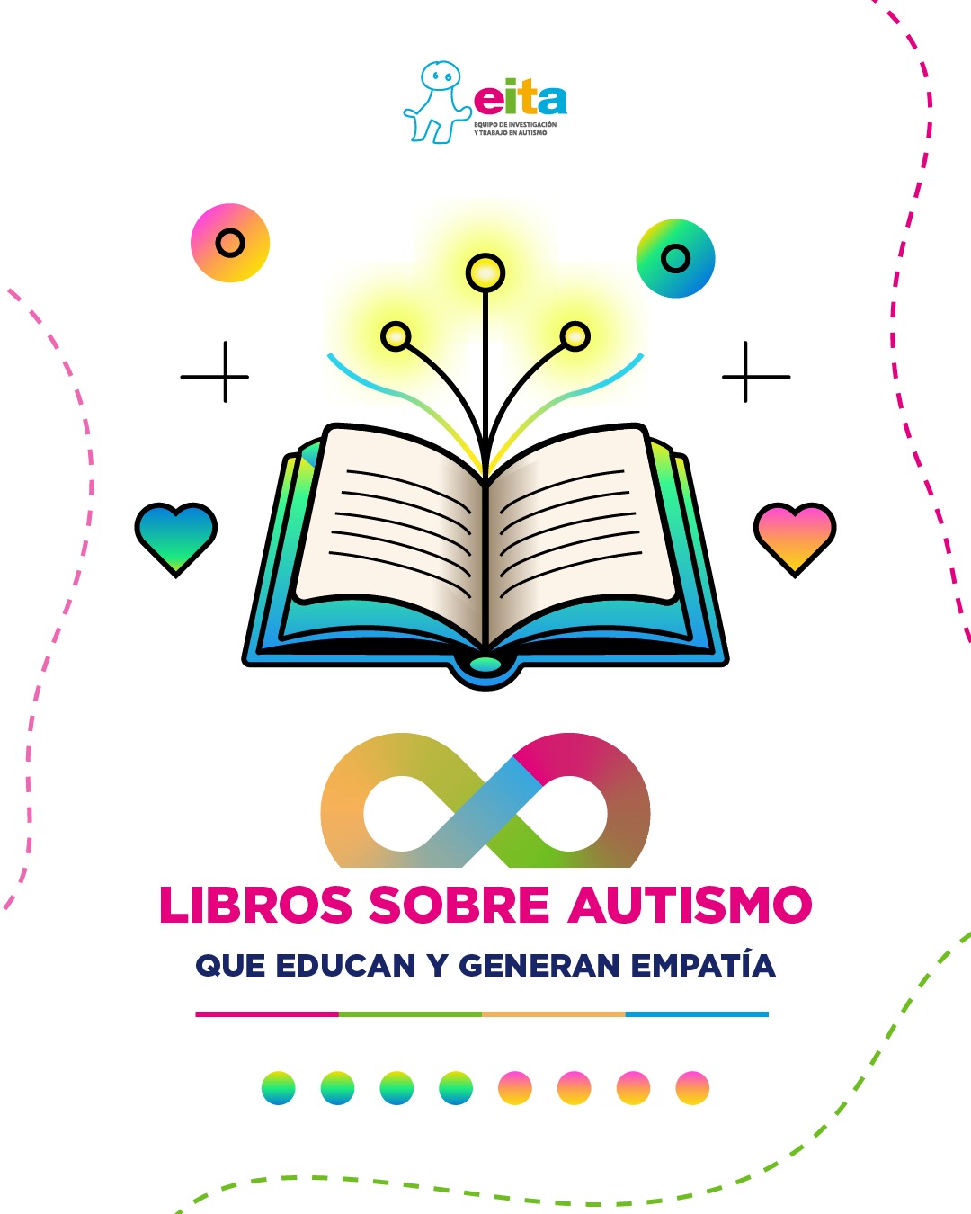 Portada con un libro abierto y múltiples colores. Tiene el título "Libros sobre autismo"