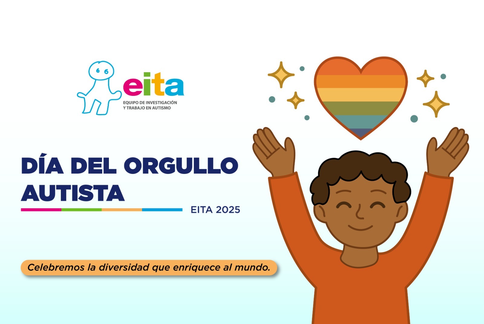 Imagen conmemorativa de un niño que levanta un corazón arcoiris.
