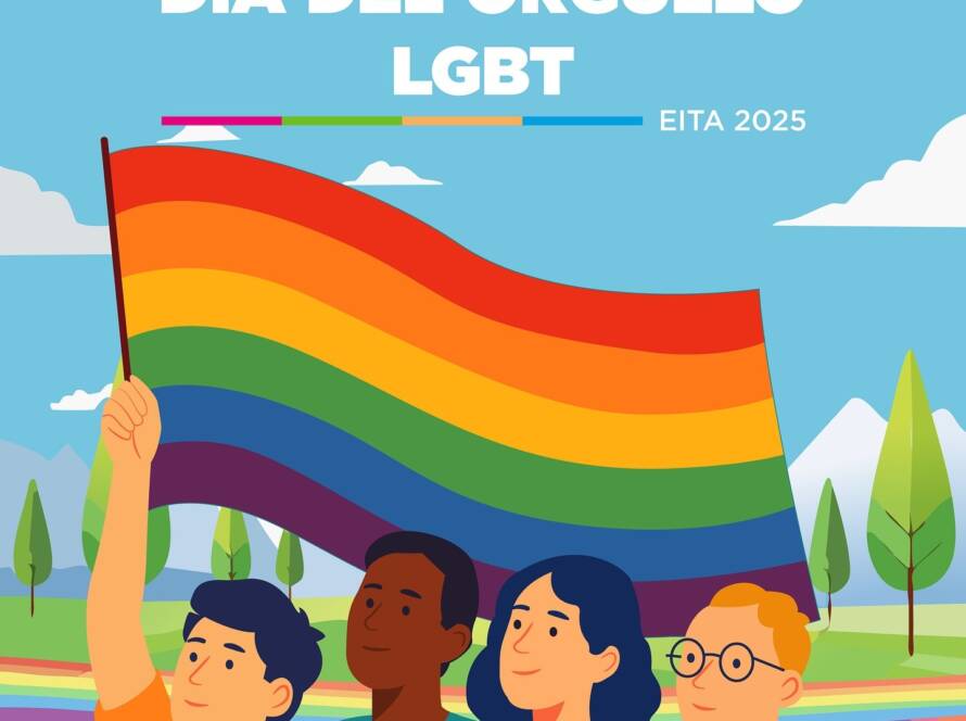 Un grupo de gente con diversos rasgos físicos extiende la bandera LGBT