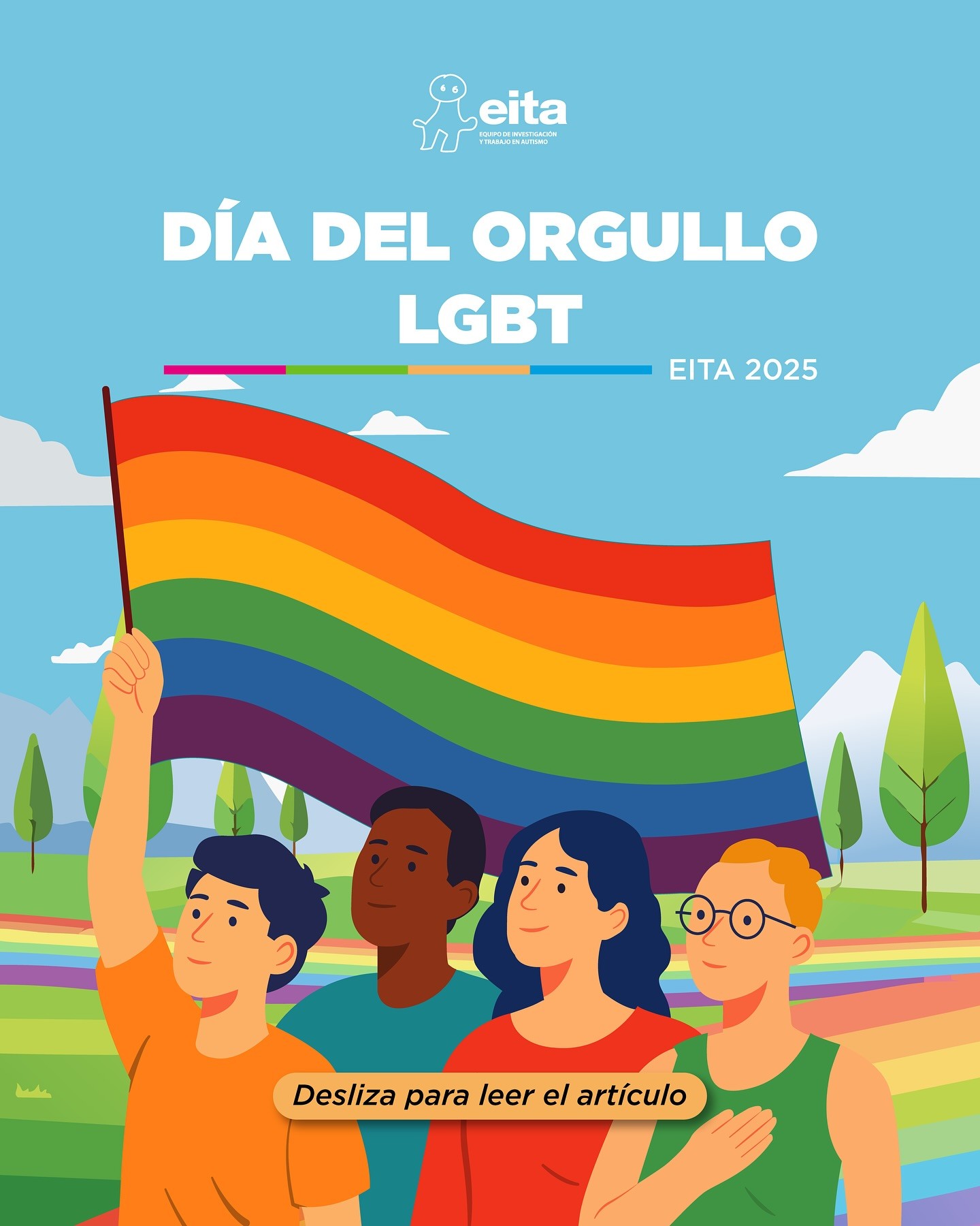 Un grupo de gente con diversos rasgos físicos extiende la bandera LGBT