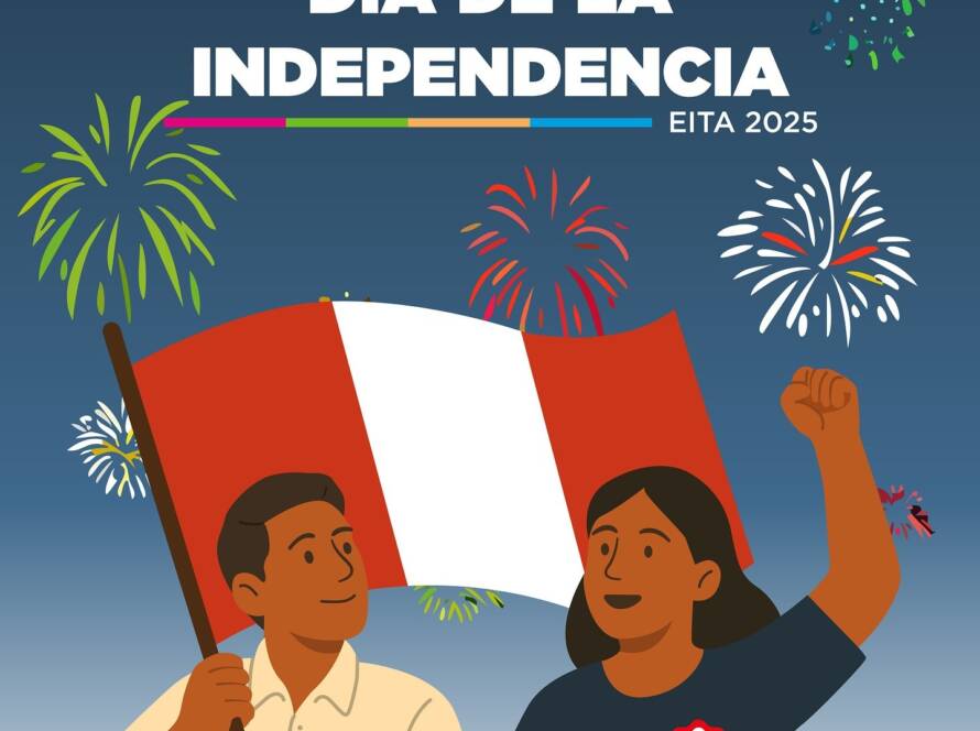 Dos personas sostienen muy en alto una bandera del Perú. Al fondo, en el firmamento, se ven fuegos artificiales