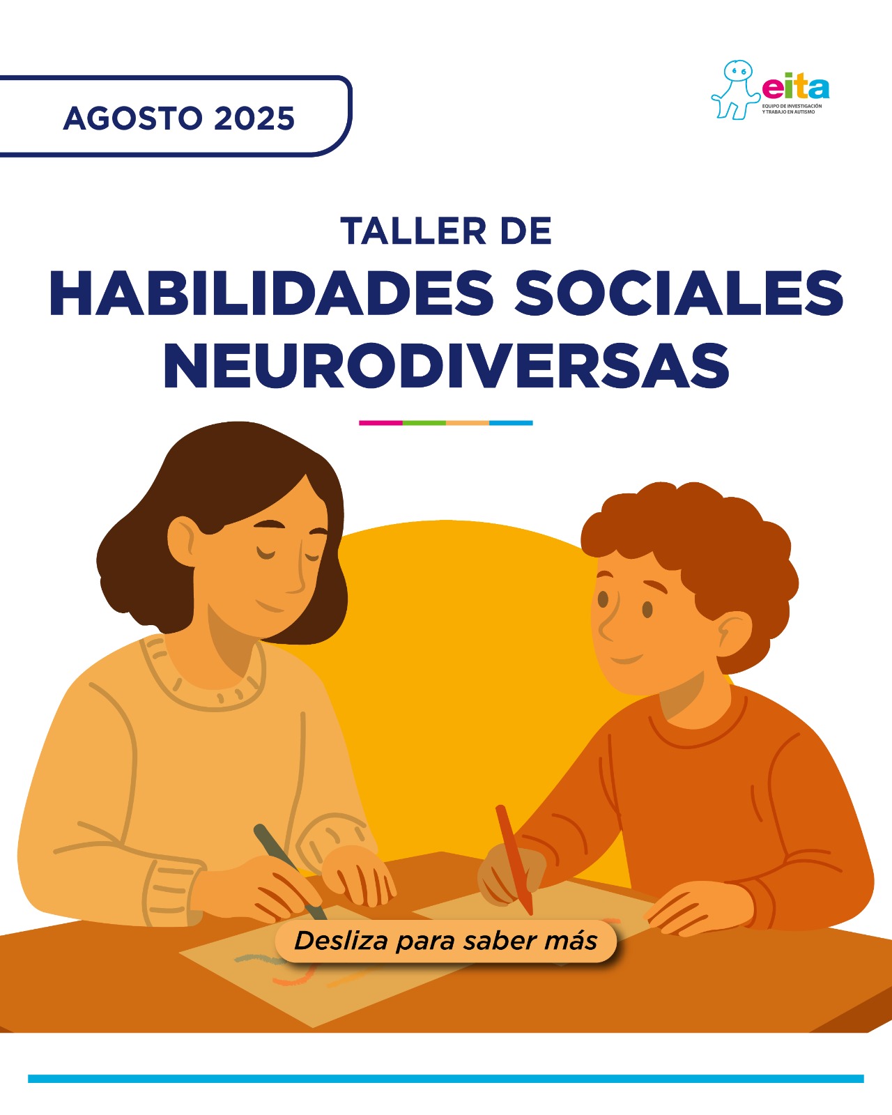 Imagen de una profesora dibujando junto con un joven. Arriba, está el título