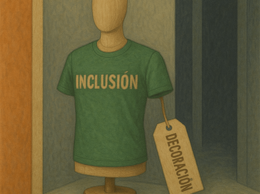 En un estante, sobre el maniquí de un torso sin brazos y sin rasgos, hay una camiseta que dice "inclusión con una etiqueta que dice "decoración"
