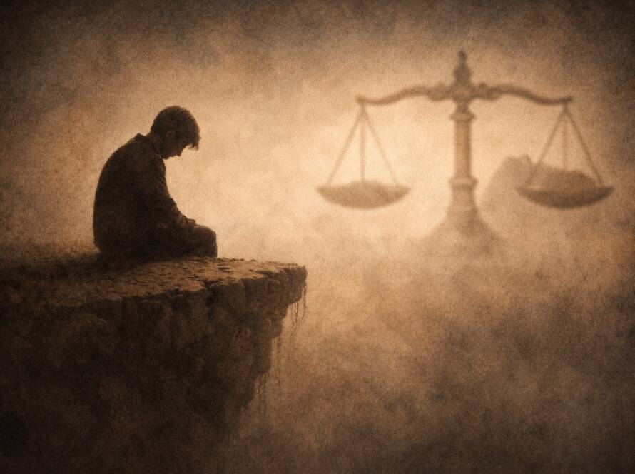 Una balanza (símbolo de justicia) frente a un barranc con una persona triste en este