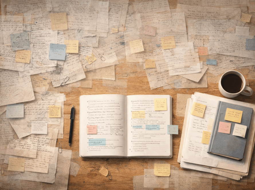 Un cuaderno abierto en medio de un conjunto de papeles en una mesa