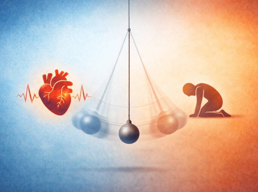 Un péndulo que va de un corazón a una persona arrodillada y adolorida