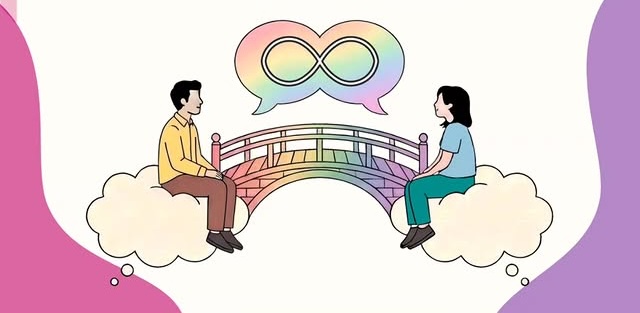 Dos personas sentadas en nubes con un infinito arcoíris.